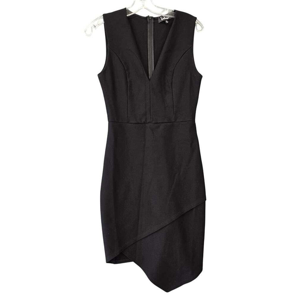 Lulus Black Dress Sleeveless Asymmetrical Sheath V-Neck Women Size L Bodycon Zip